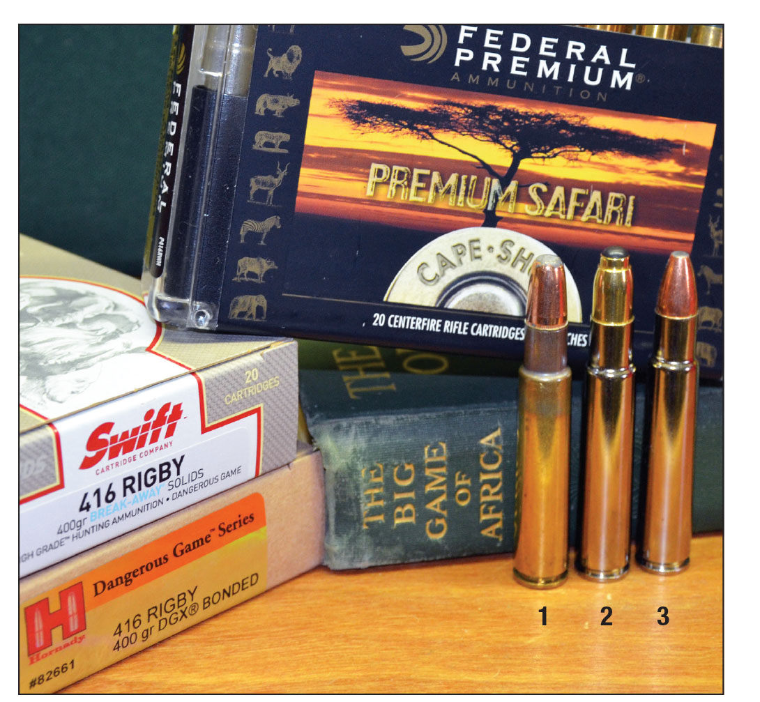 Among major manufacturers in America, Federal was first to offer .416 Rigby ammunition in 1990. That along with the availability of the Ruger Model 77 Magnum chambered for it during the same year, breathed new life into a fine, old cartridge. Cartridges and their makers include: (1) Hornady with 400-grain DGXB, (2) Swift with 400-grain Break-Away solid, (3) Federal with Swift 400-grain A-Frame.